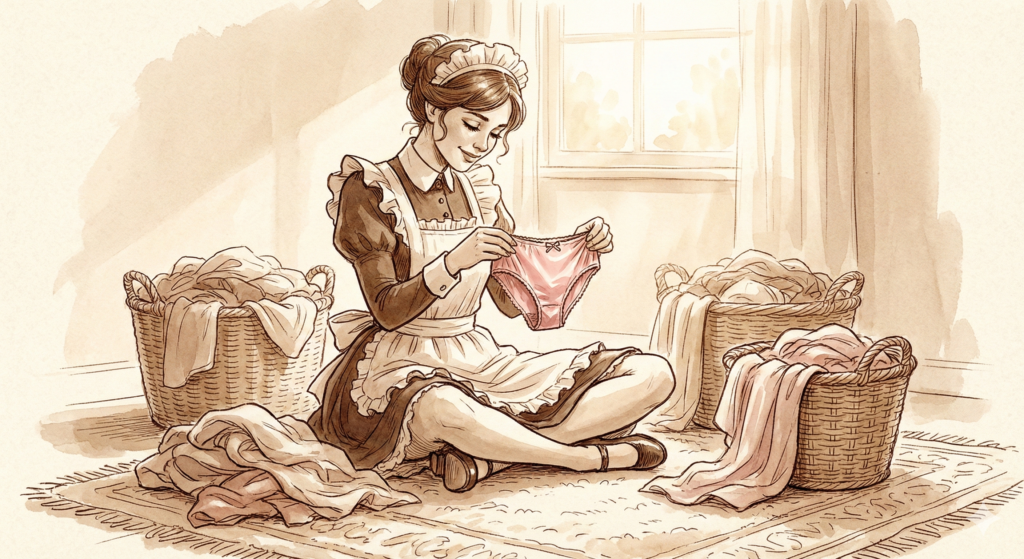 Watercolor sketch of a sparkling clean room with maid cleaning tools neatly put away.