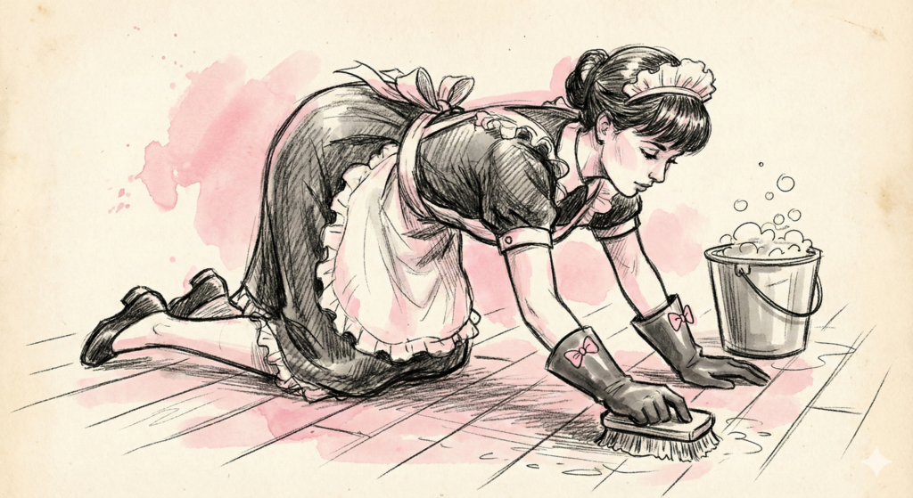Drawing of a submissive sissy maid on hands and knees scrubbing the floor with a sponge and bucket.
