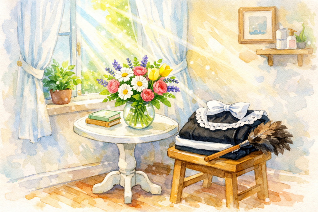 Fashion sketch of a crossdressing maid sitting on the floor carefully folding delicate lingerie.